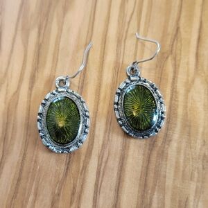 Green Silver Tone Oval Dangle Earrings